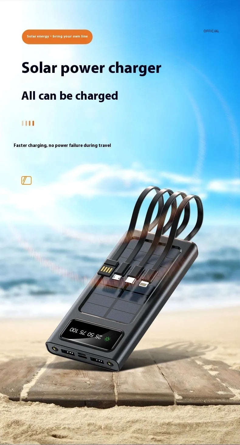 Black solar power bank 20000 MA with cable for mobile phones, plastic shell creative design