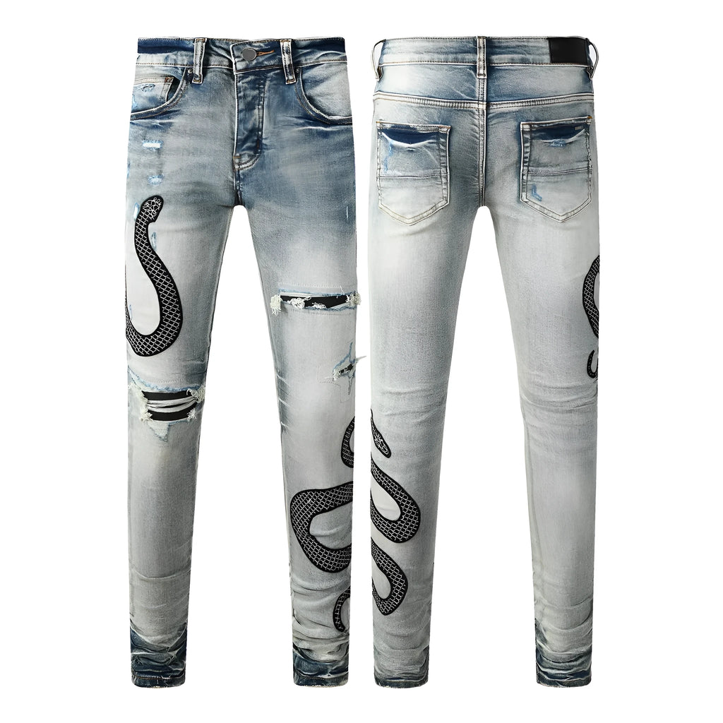 Women's blue distressed skinny jeans with mid-waist fit and button fly detail