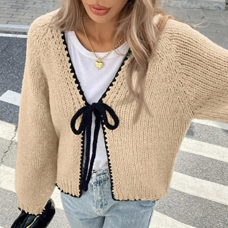 Lace-up cardigan in grey with crocheted flowers, loose fit, long sleeves, polyester fabric