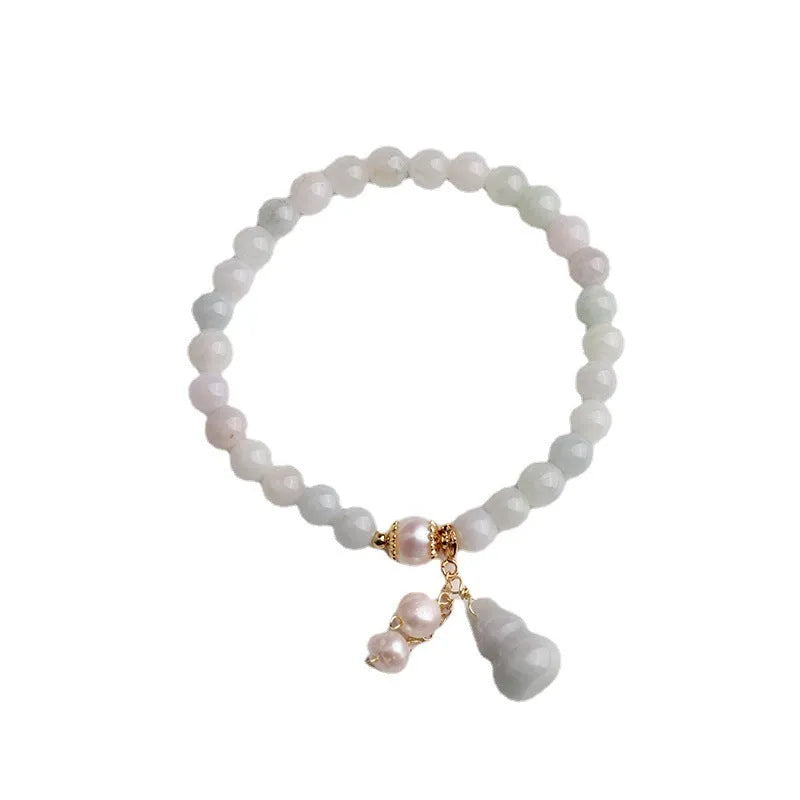 Natural emerald jade bracelet with pearl jade gourd accent, Chinese style women's handmade jewellery