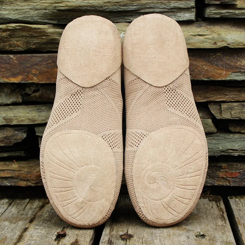 Simple solid colour unisex dance shoes with cotton mesh upper and leather sole, camel colour