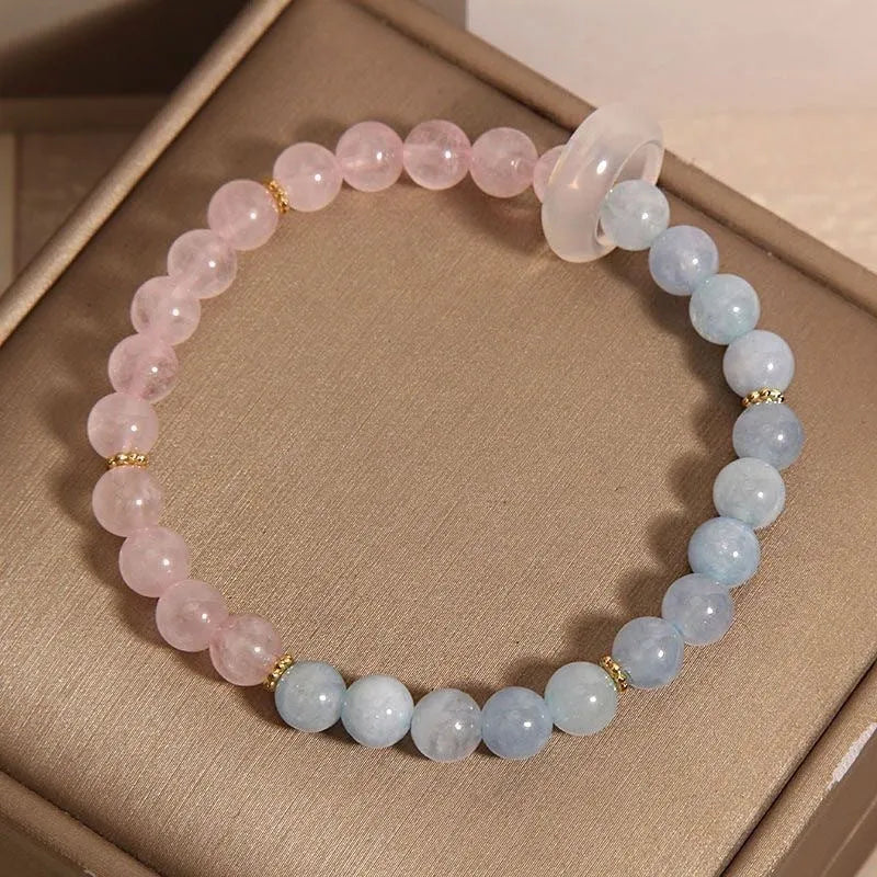 Women's aquamarine crystal bracelet with round mixed material beads in light luxury natural style