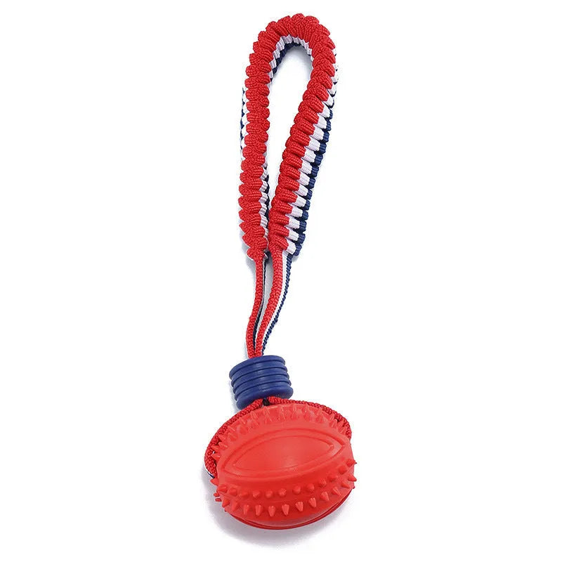 Blue dog toy with a textured rubber ball attached to a rope, shown on a white background.