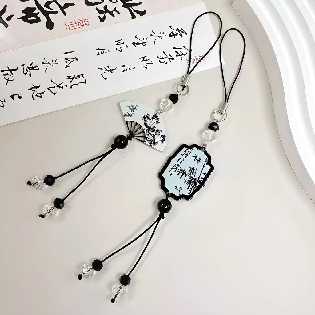 Chinese style floral pendant keychain with glossy baked varnish finish on a bead base