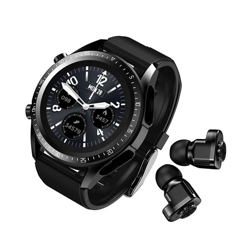 Black smart watch with silicone strap showing blood pressure monitoring on a 1.28-inch screen.