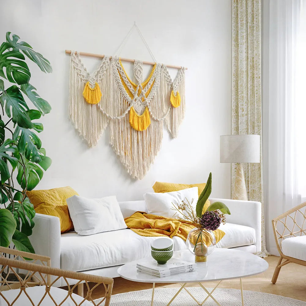 Nordic style hand-woven cotton wall tapestry rectangle 120cm x 95cm creamy white with yellow accents