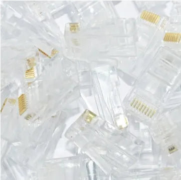 White network modular plug with all copper insert and three-fork gold-plated contacts for RJ45 connections