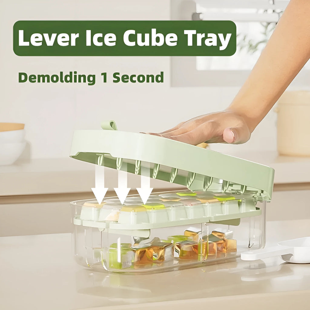 High capacity plastic ice cube tray with grid and removable ice shovel stored in its slot.