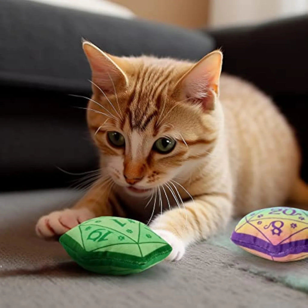 Blue dice catnip toy made of soft plush flannelette with organic catnip, designed for DND-themed interactive cat play