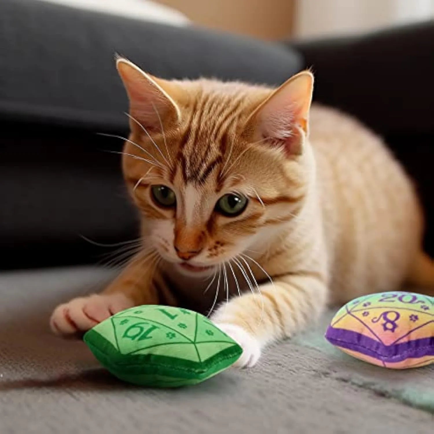 Blue dice catnip toy made of soft plush flannelette with organic catnip, designed for DND-themed interactive cat play