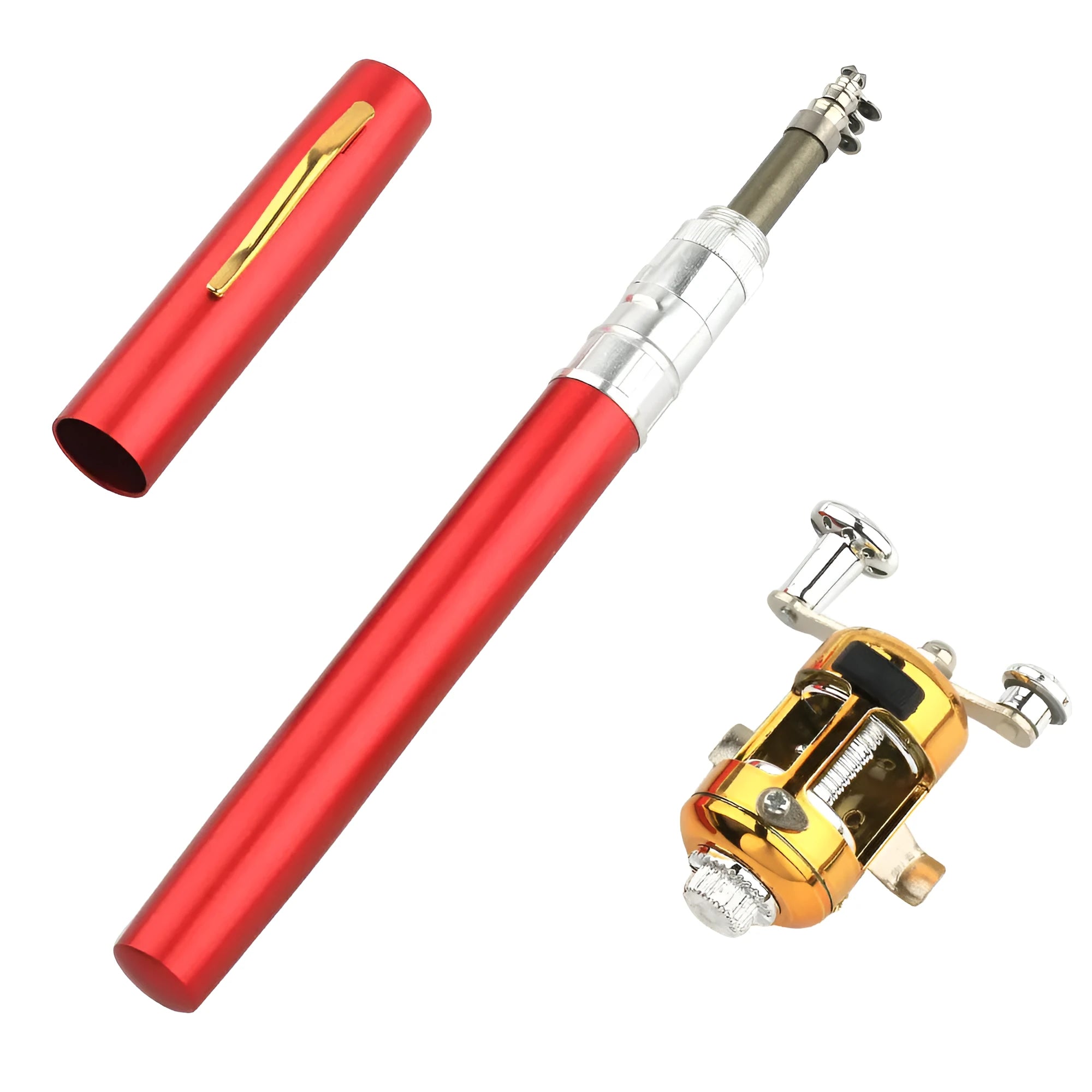 Portable telescopic pocket fishing rod extended to 1m with ST5RL fishing reel in gold colour
