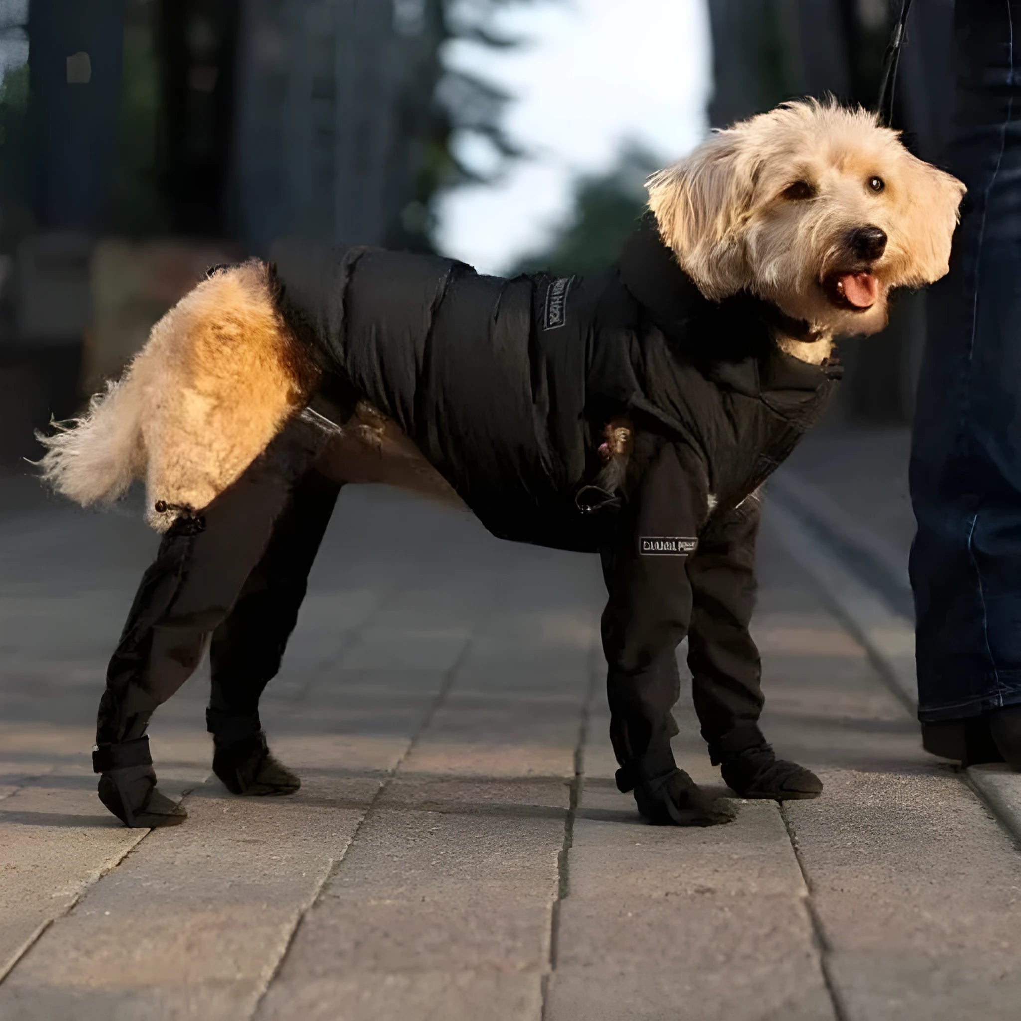 Black dog paw protectors with adjustable Velcro straps, waterproof non-slip soles