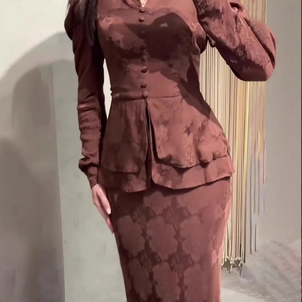 Dark brown retro floral long sleeve dress with button detailing and artistic design