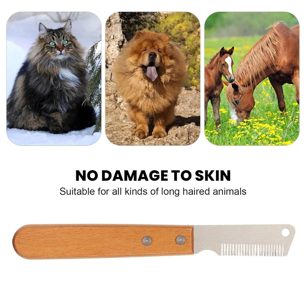 Pet stripping comb with metal blade and wooden handle for grooming dogs and cats