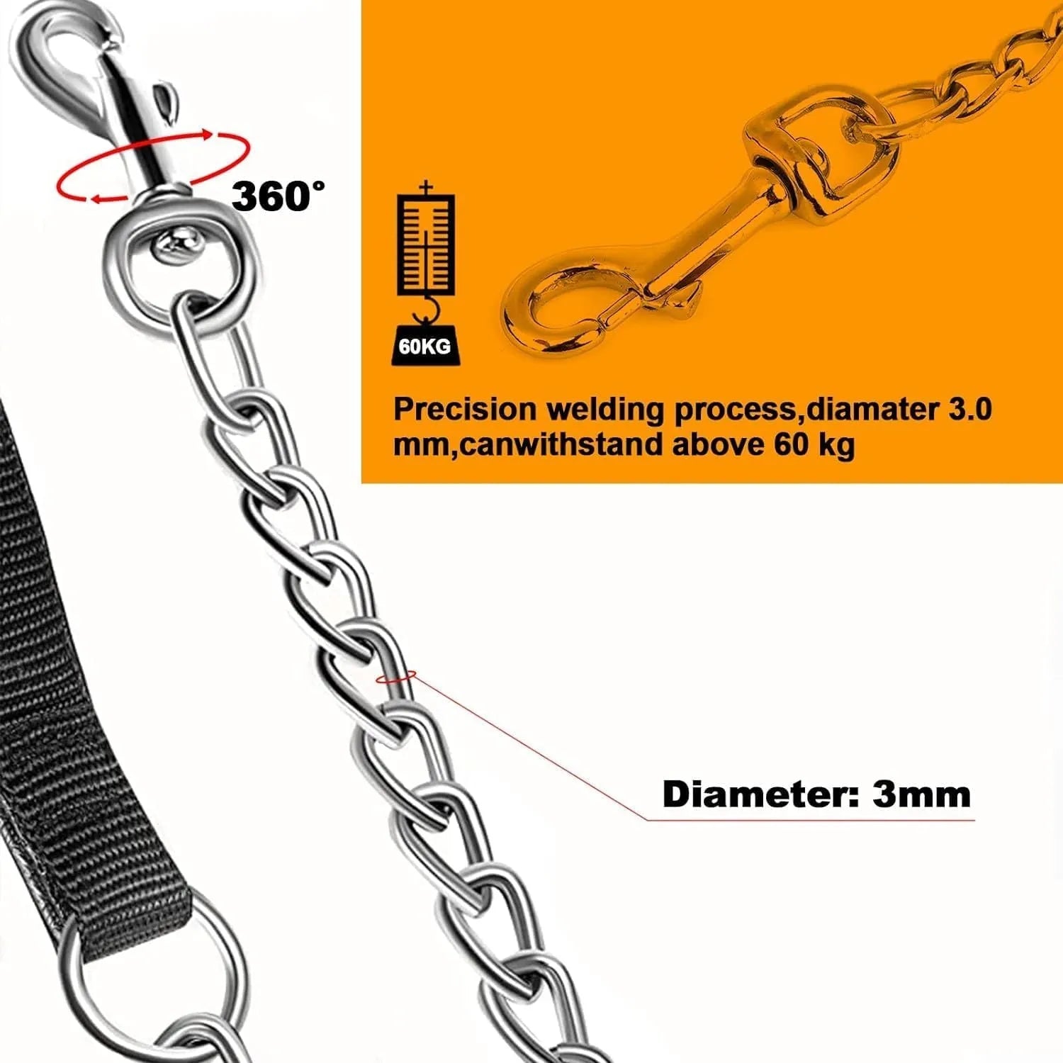 Heavy duty metal dog leash with soft padded handle in black colour, suitable for large medium size dogs