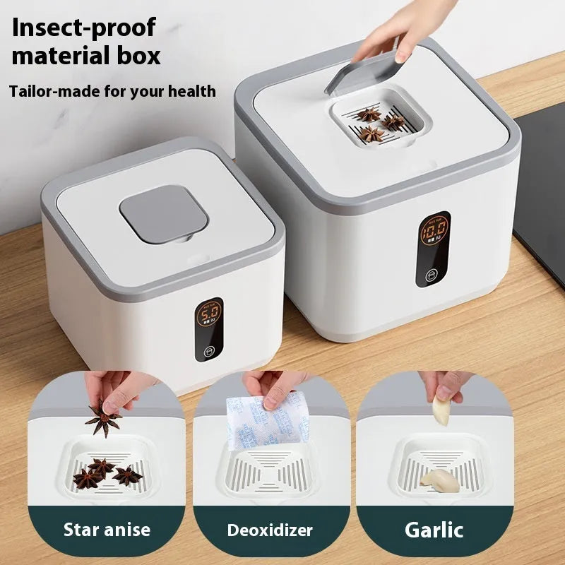 Grey plastic rice storage jar with sealed lid, shown with a free measuring cup, for 10kg 20kg or 30kg capacity.