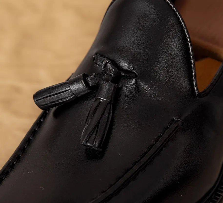 Men's black genuine leather slip-on loafers with rubber sole and British style design