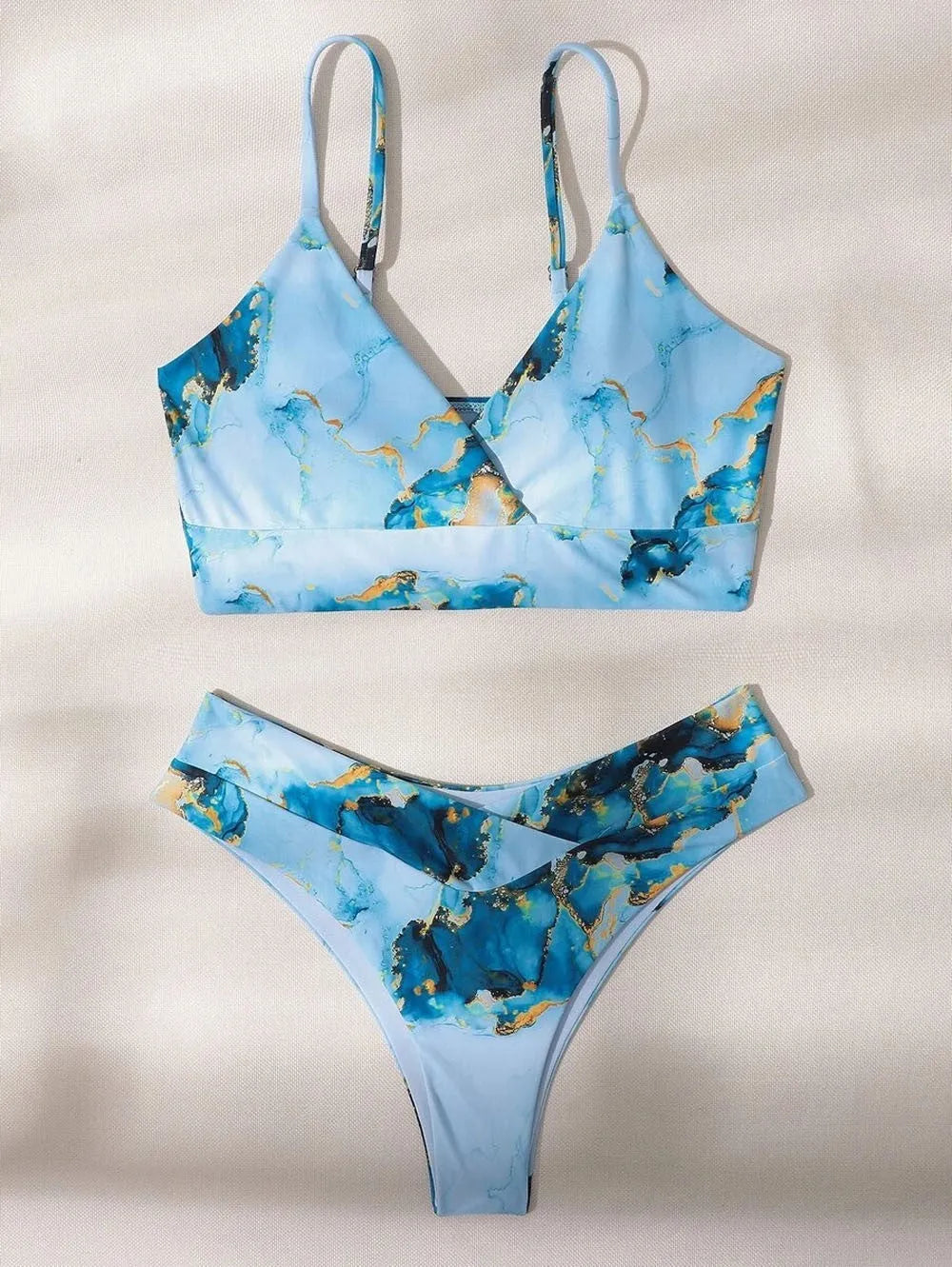 Women's high waist bikini with marble tie-dye pattern and U-neck swim top