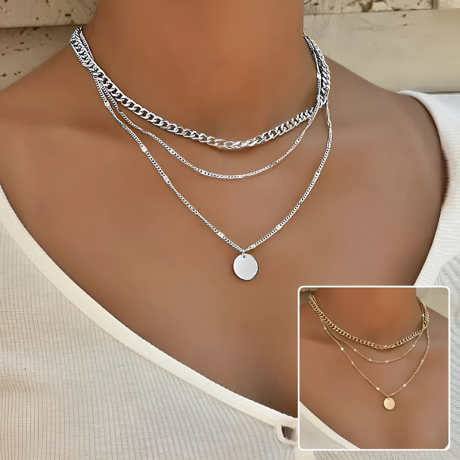 Women's multilayer disc pendant clavicle necklace in gold and silver alloy finish