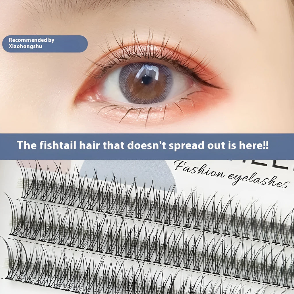 Black V-shaped fairy fishtail false eyelashes showing thick segment design.