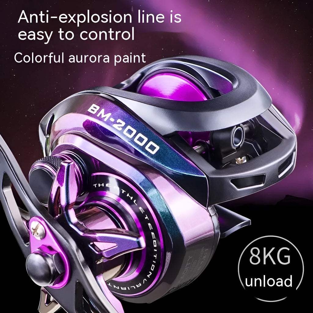 Colourful BM2000 fishing reel with magnetic brake system on a water drop spool.