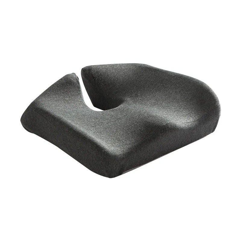 Memory foam office chair cushion showing dark grey polyester cover on office chair