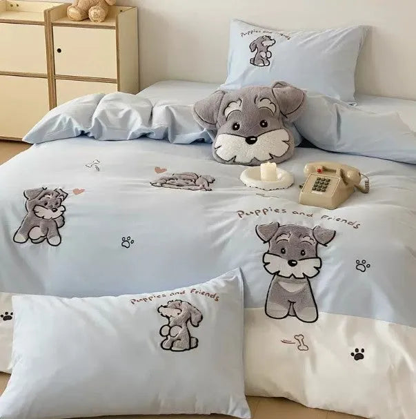 Cute cartoon Schnauzer dog pattern on a thickened cotton bedding set with embroidery.