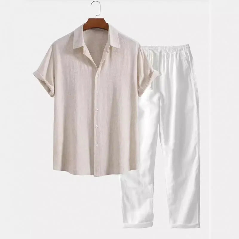 Men's loose fitting short sleeve shirt and trousers suit in linen-look polyester fabric on hanger