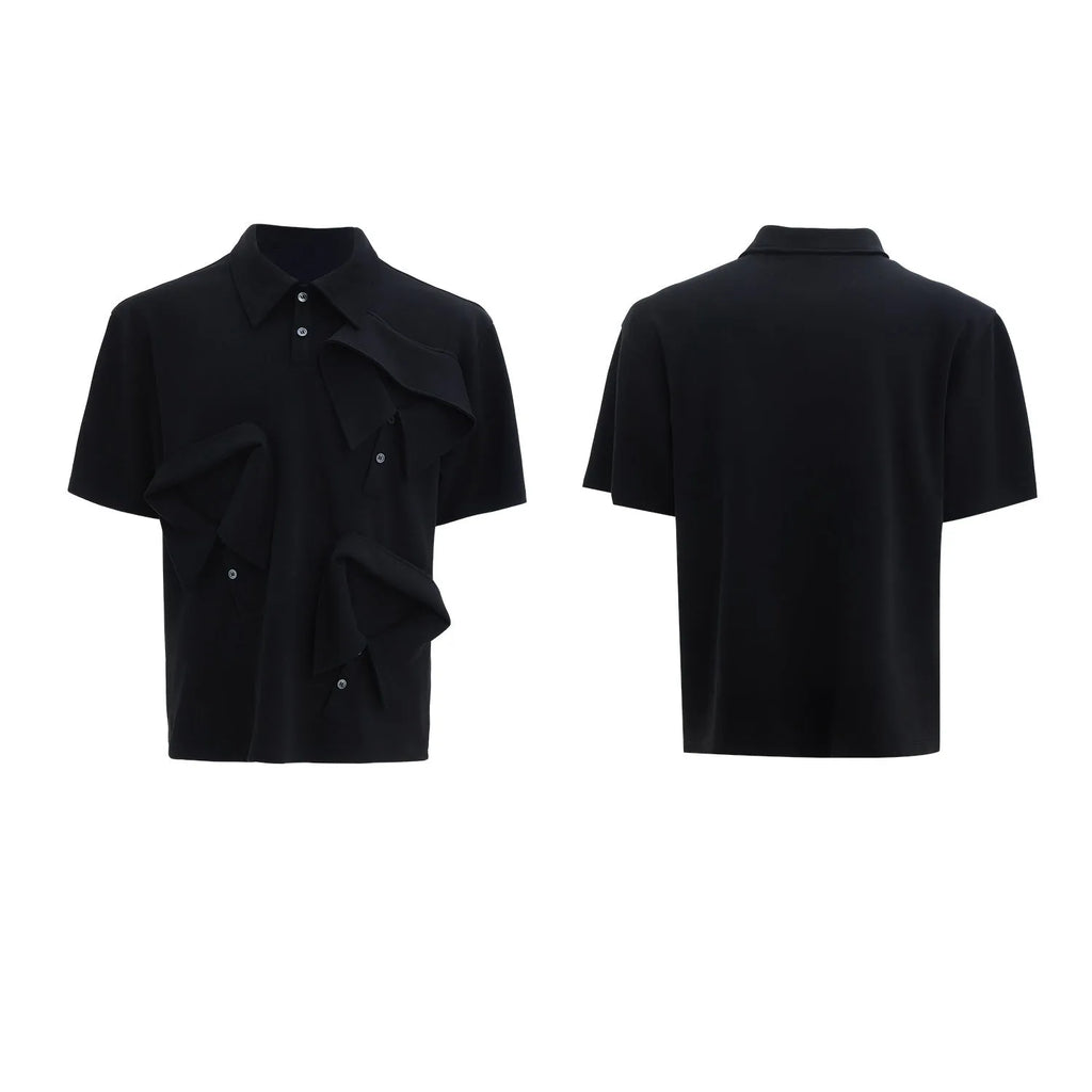 Men's black loose-fit polo shirt with a geometric grey and white pattern on the collar.