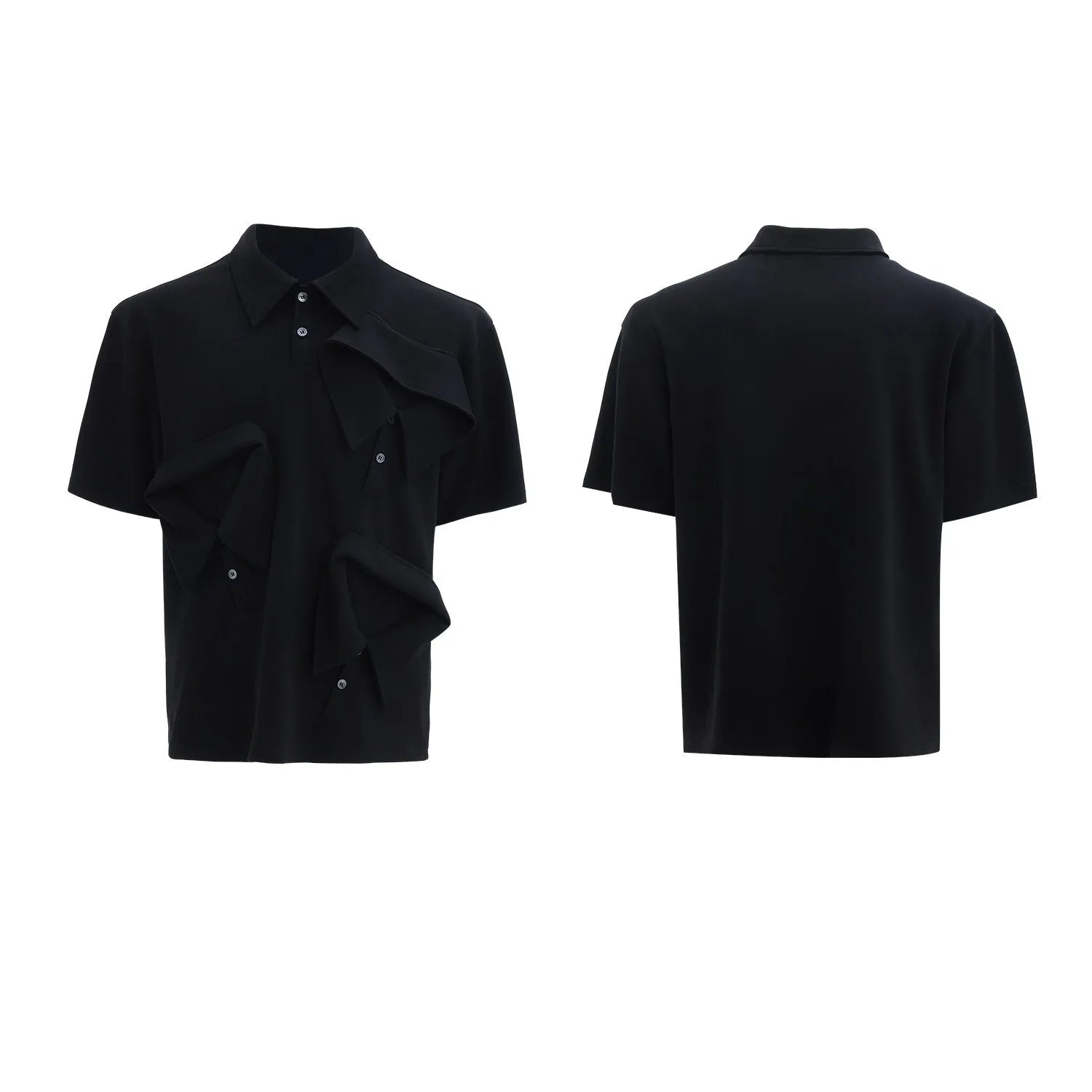 Men's black loose-fit polo shirt with a geometric grey and white pattern on the collar.