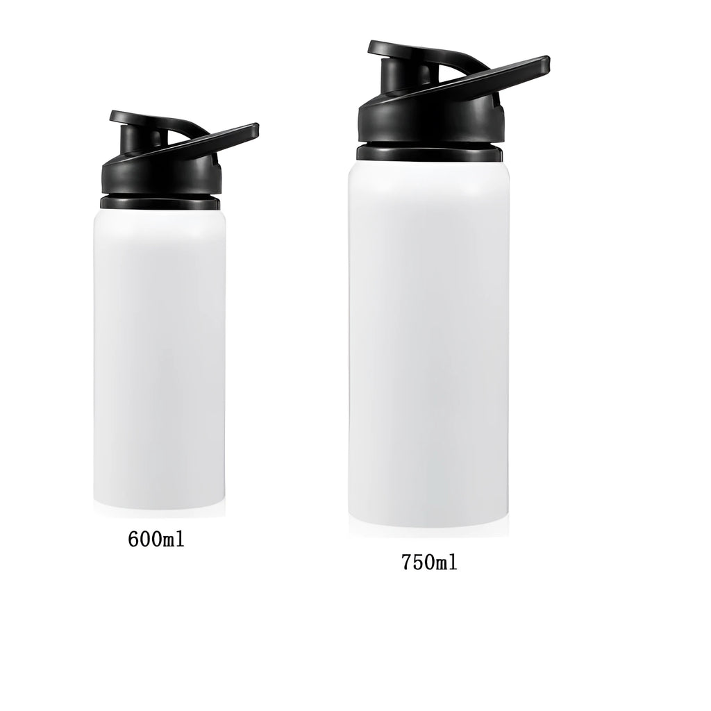 White aluminium sports water bottle for cycling and outdoor activities in 600ml or 750ml capacity options