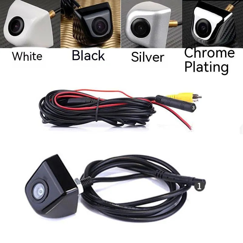 Black metal shell car rearview camera with integrated cable for reversing assistance.