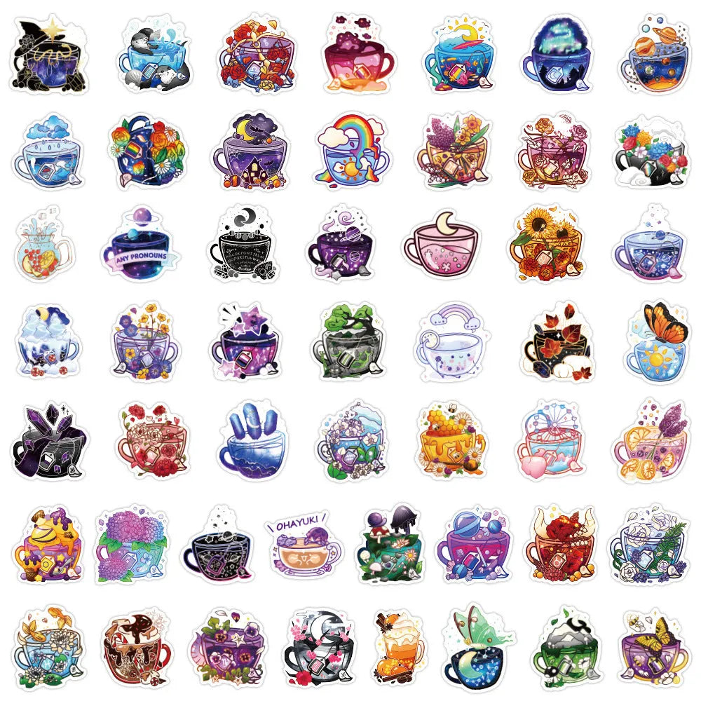 Set of 50 colourful tea cup waterproof stickers with graffiti design for scooter and luggage personalisation