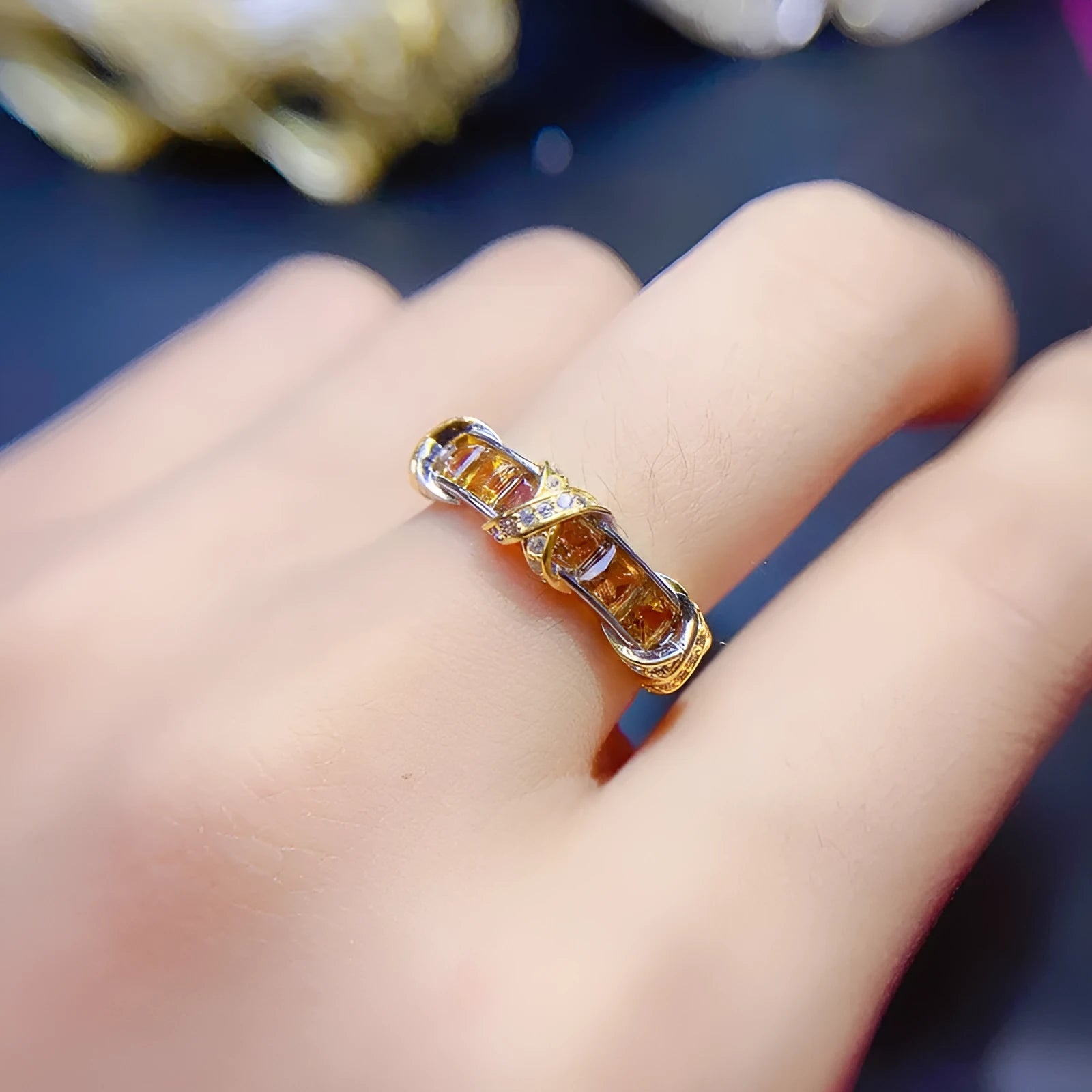 Natural citrine ring for women 925 silver adjustable opening 3x3mm gemstone on white background