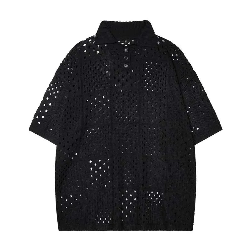 Men's solid colour short-sleeved polo shirt with a hollow knit texture, shown in black and white.