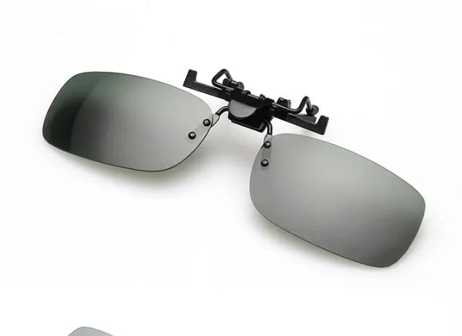Clip-on myopia sunglasses with PC lens in gray colour showing side clip attachment for driving and outdoor use