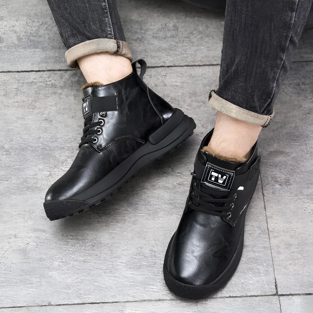 Men's black high-top Martin platform boots with velvet-like PU upper and chunky rubber sole.