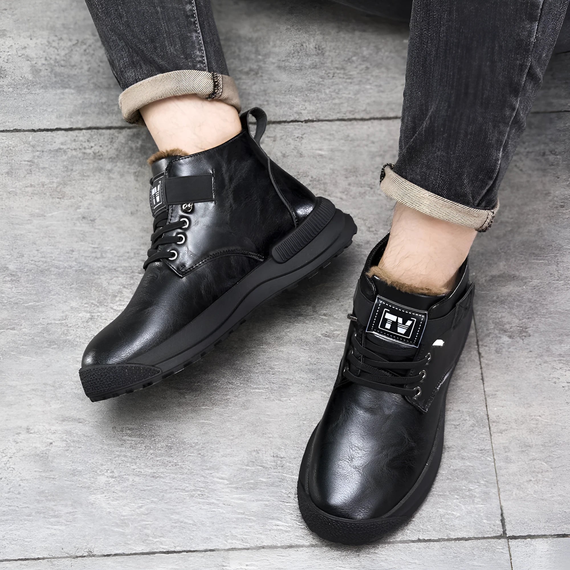 Men's black high-top Martin platform boots with velvet-like PU upper and chunky rubber sole.