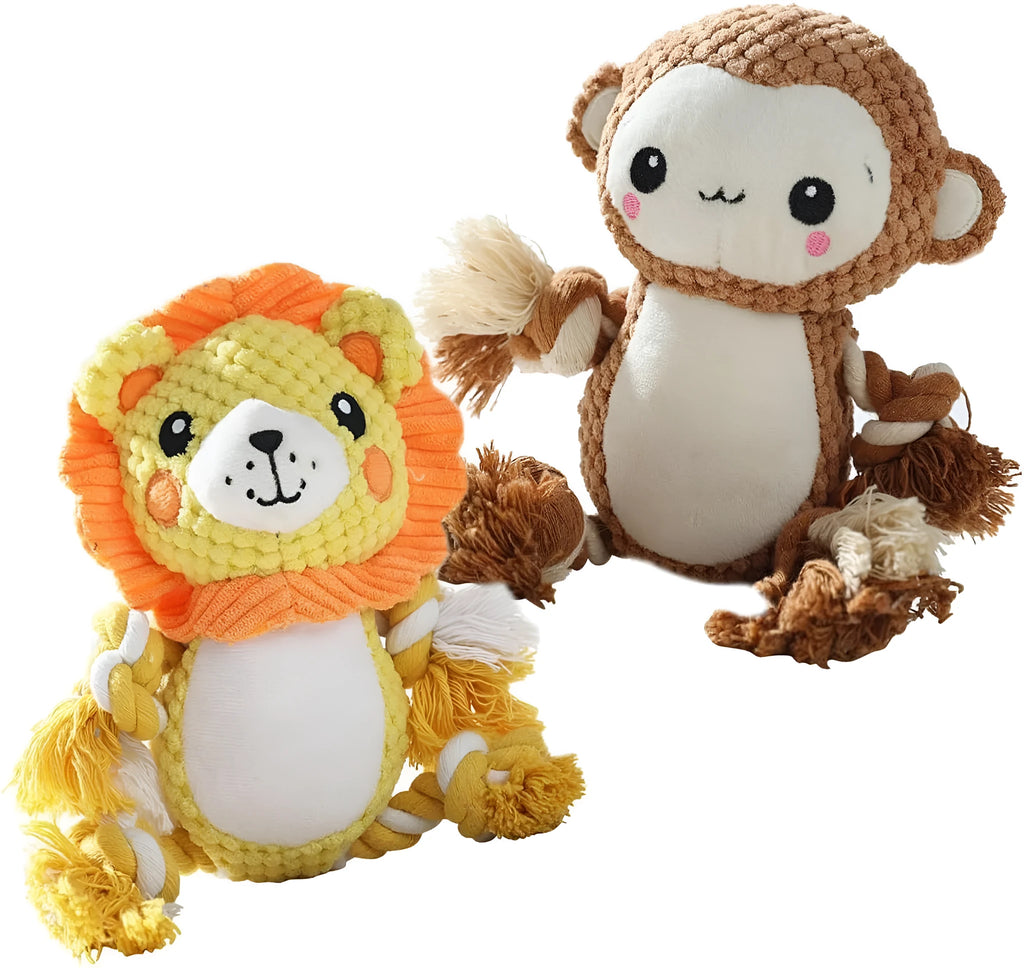 Lion and monkey plush squeaky dog toys showing size comparison with squeakers inside