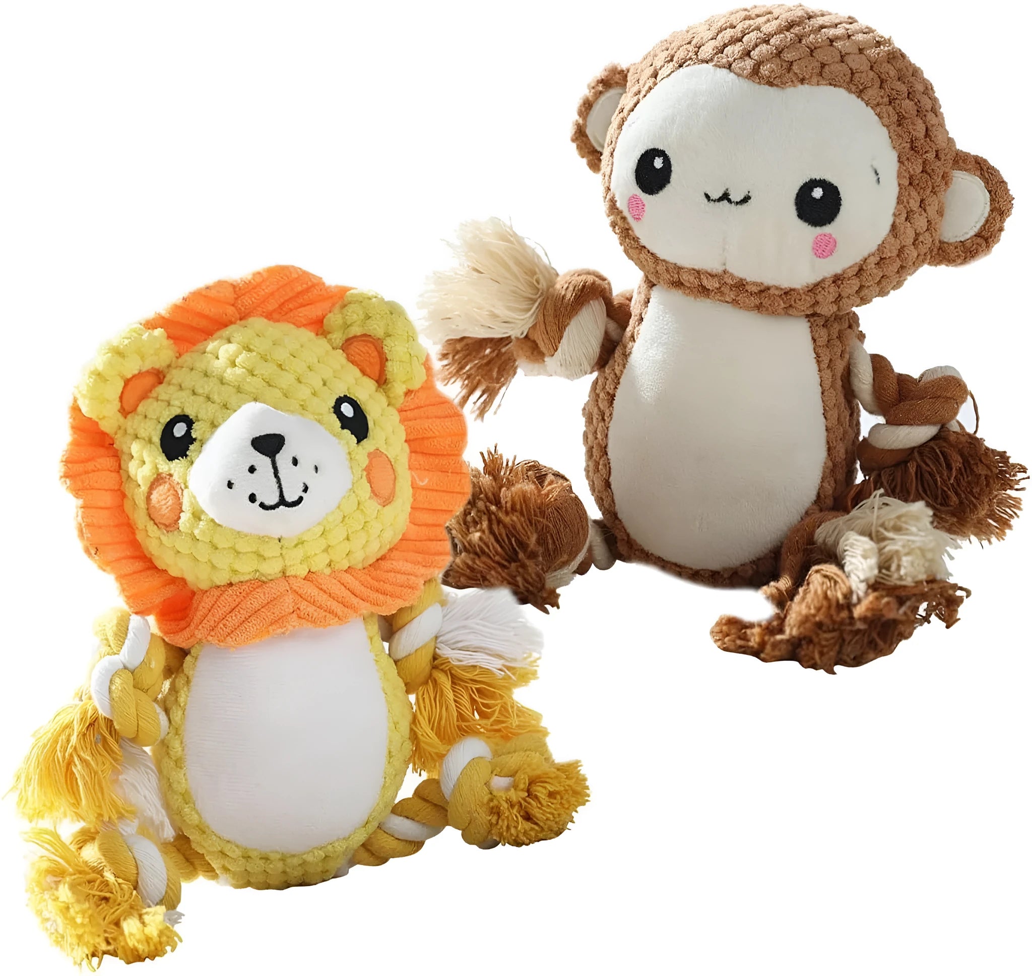 Lion and monkey plush squeaky dog toys showing size comparison with squeakers inside
