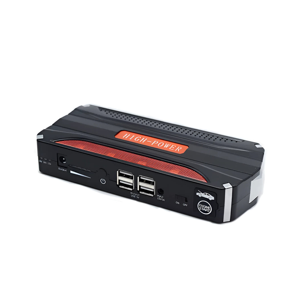 Black and red coloured 12V vehicle emergency jump starter power supply unit.