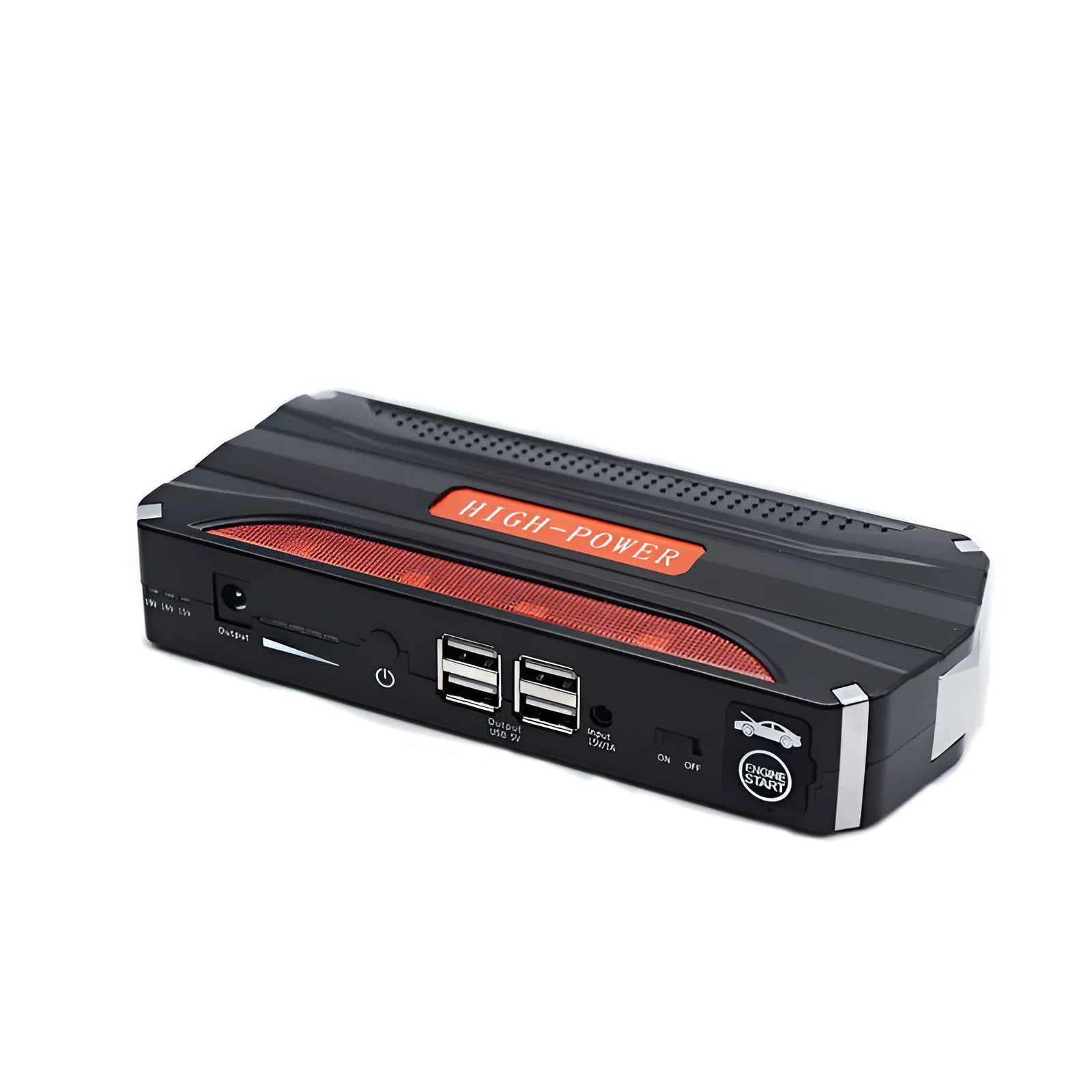 Black and red coloured 12V vehicle emergency jump starter power supply unit.