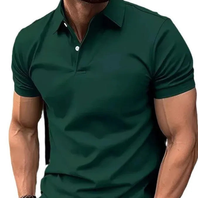 Men's slim fit short sleeve button-down casual shirt in a solid colour on a hanger
