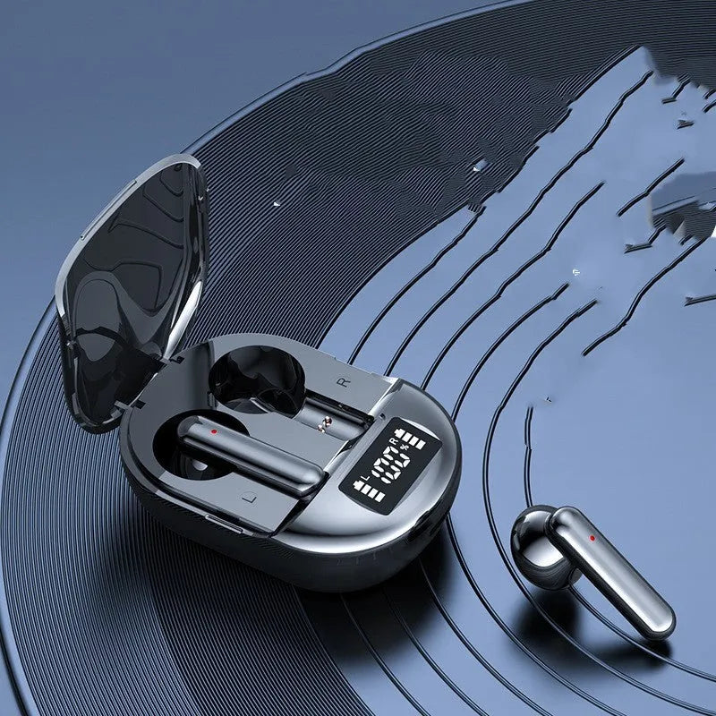 Black or white wireless Bluetooth in-ear headphones with digital display and charging bin