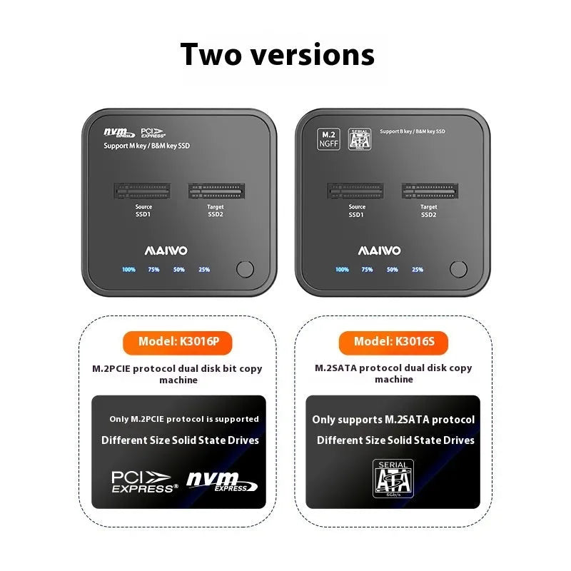 MAIWO K3016 M.2 SSD docking station for SATA and NVMe drives with data cables and power adapter.