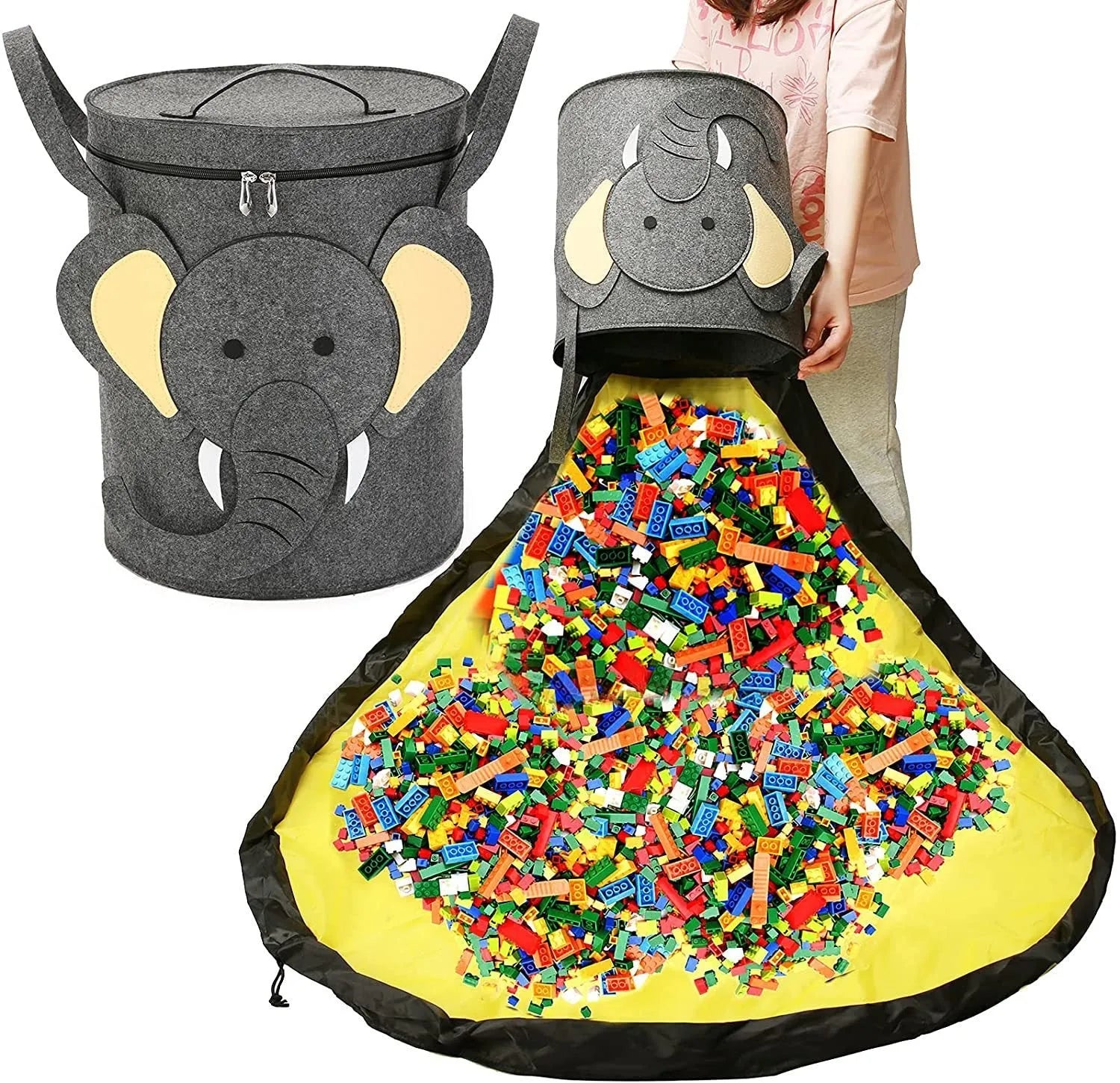 Green felt cube storage bag with pull rope that converts to flat play mat for toy organisation