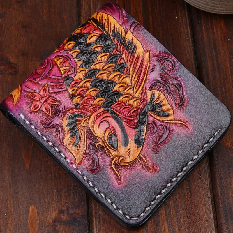 Men's manually carved cow leather short wallet in blue colour showing open closure design
