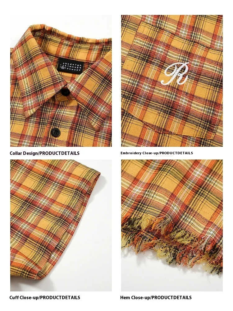 Yellow grid pattern plaid short sleeve shirt with embroidered pocket and loose fit