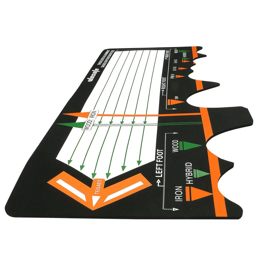 Black neoprene golf swing stance training pad on green grass