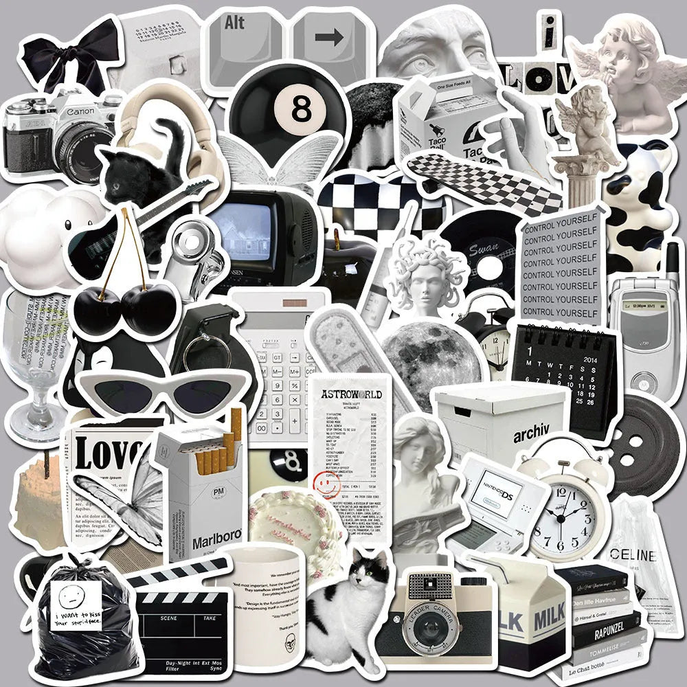 61 black and white PVC waterproof stickers for laptops, phones and multiple surfaces